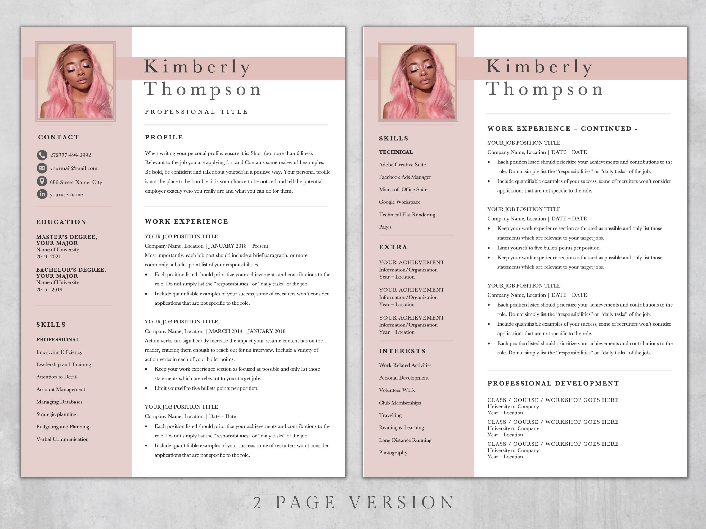 Pink Resume Template: Modern CV Design - Etsy