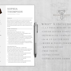 Puede incluir: Una plantilla de curr&iacute;culum vitae en blanco y negro con un icono de corbata. El texto "What's Included" est&aacute; en la parte superior de la p&aacute;gina. La plantilla de curr&iacute;culum vitae incluye una carta de presentaci&oacute;n, referencias y una gu&iacute;a de escritura. La plantilla est&aacute; disponible en tama&ntilde;os A4 y carta de EE. UU.