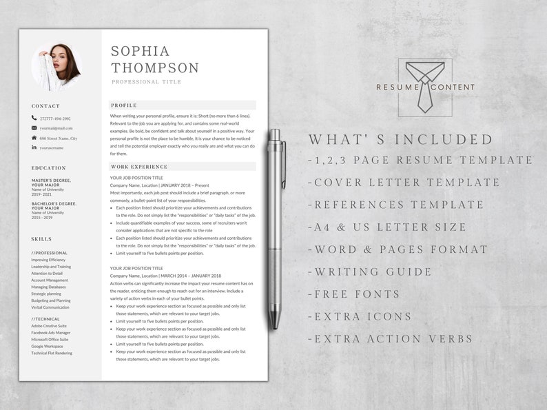 Puede incluir: Una plantilla de curr&iacute;culum vitae en blanco y negro con un icono de corbata. El texto "What's Included" est&aacute; en la parte superior de la p&aacute;gina. La plantilla de curr&iacute;culum vitae incluye una carta de presentaci&oacute;n, referencias y una gu&iacute;a de escritura. La plantilla est&aacute; disponible en tama&ntilde;os A4 y carta de EE. UU.