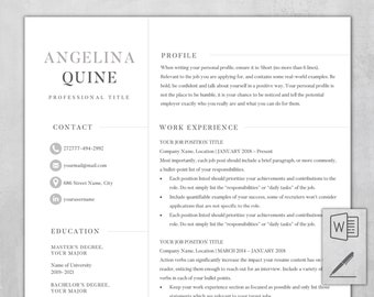 May include: A black and white resume template with the name Angelina Quine at the top. The resume includes sections for contact information, education, work experience, and a profile. The template is designed to help job seekers create a professional and visually appealing resume.