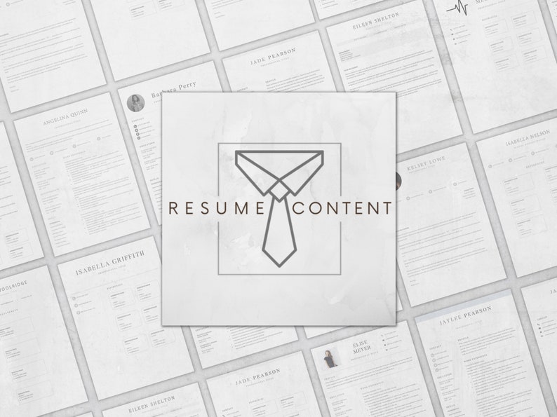 以下が含まれることがあります： グレーの背景とネクタイのアイコン、そして「RESUME CONTENT」というテキストが書かれた、履歴書テンプレートのコレクションです。