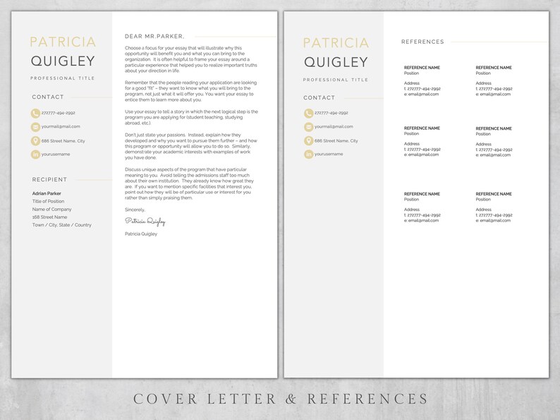 Golden Resume Template for Microsoft Word: 3 Page CV + Cover Letter (A4 ...