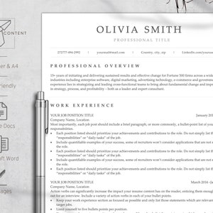 May include: A black and white resume template with the title "Olivia Smith" and the heading "Professional Title". The resume includes sections for "Professional Overview", "Work Experience", and "Your Job Position Title".