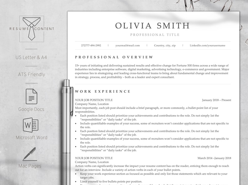 May include: A black and white resume template with the title "Olivia Smith" and the heading "Professional Title". The resume includes sections for "Professional Overview", "Work Experience", and "Your Job Position Title".