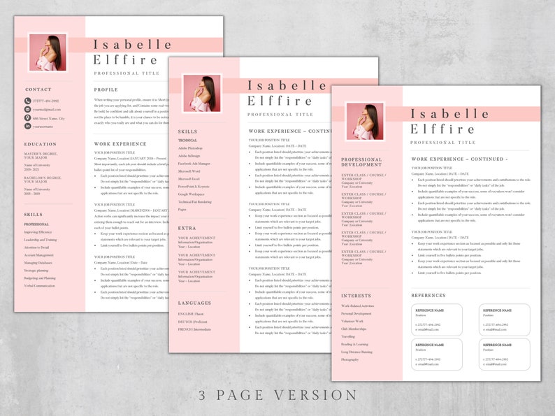 Pink Resume Template: Modern CV Design With Photo - Etsy