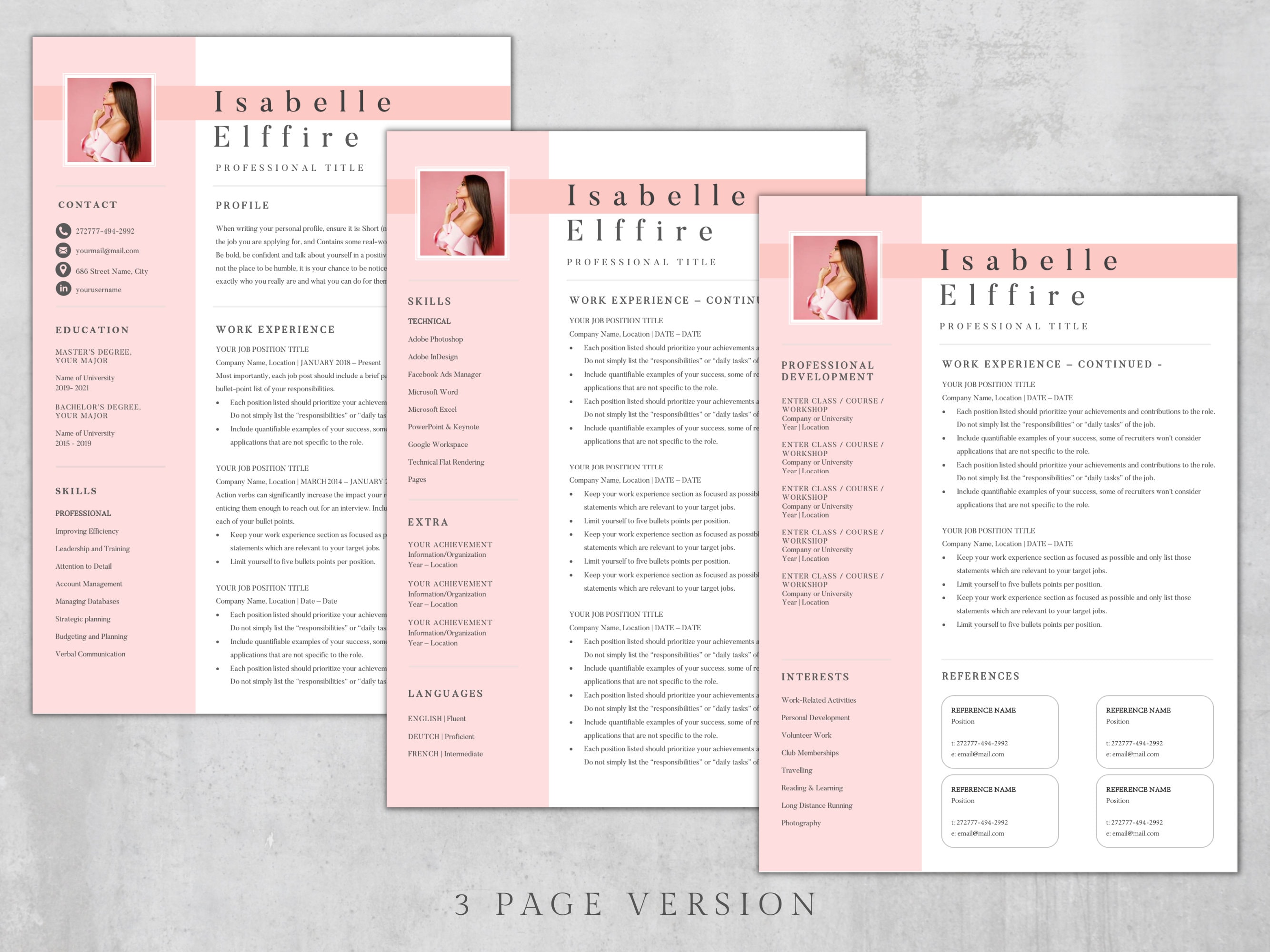Pink Resume Template: Modern CV Design With Photo - Etsy