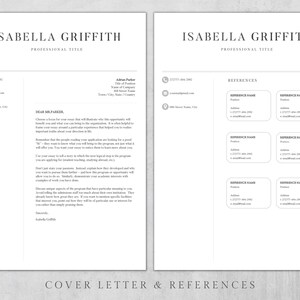 Puede incluir: Una p&aacute;gina de carta de presentaci&oacute;n y referencias en blanco y negro con el nombre Isabella Griffith en la parte superior. La carta de presentaci&oacute;n est&aacute; dirigida al Sr. Parker y la p&aacute;gina de referencias tiene una lista de nombres, direcciones y direcciones de correo electr&oacute;nico.