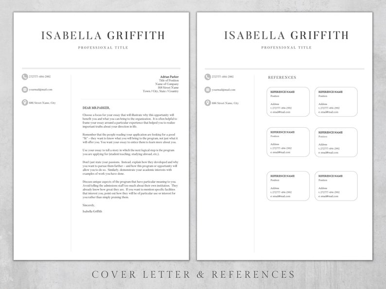 Puede incluir: Una p&aacute;gina de carta de presentaci&oacute;n y referencias en blanco y negro con el nombre Isabella Griffith en la parte superior. La carta de presentaci&oacute;n est&aacute; dirigida al Sr. Parker y la p&aacute;gina de referencias tiene una lista de nombres, direcciones y direcciones de correo electr&oacute;nico.
