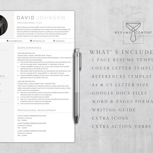 Puede incluir: Una plantilla de curr&iacute;culum en blanco y negro con un fondo gris. La plantilla incluye una carta de presentaci&oacute;n, referencias y una gu&iacute;a de escritura. El texto "What's Included" est&aacute; en la parte superior de la p&aacute;gina.