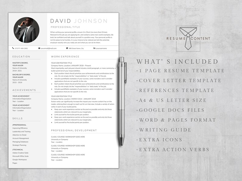 Puede incluir: Una plantilla de curr&iacute;culum en blanco y negro con un fondo gris. La plantilla incluye una carta de presentaci&oacute;n, referencias y una gu&iacute;a de escritura. El texto "What's Included" est&aacute; en la parte superior de la p&aacute;gina.