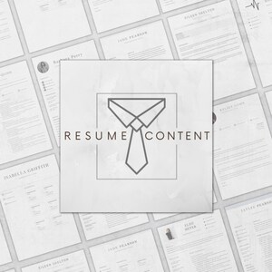 Puede incluir: Una colecci&oacute;n de plantillas de curr&iacute;culum con un fondo gris y un icono de corbata con el texto "RESUME CONTENT".