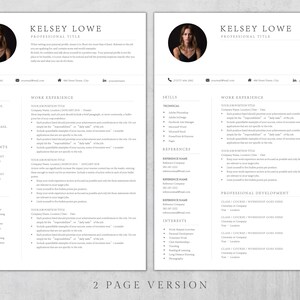 May include: A two-page resume template with a professional headshot, contact information, education, work experience, skills, achievements, references, interests, and professional development sections. The resume is designed for a job seeker to showcase their qualifications and experience.