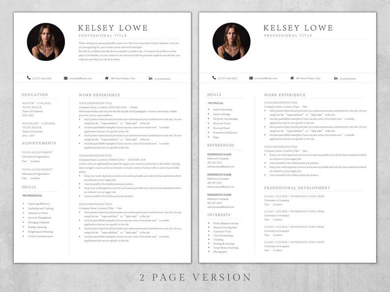 May include: A two-page resume template with a professional headshot, contact information, education, work experience, skills, achievements, references, interests, and professional development sections. The resume is designed for a job seeker to showcase their qualifications and experience.