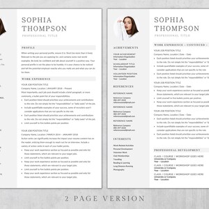 Puede incluir: Una plantilla de curr&iacute;culum de dos p&aacute;ginas con un dise&ntilde;o profesional. El curr&iacute;culum incluye secciones para informaci&oacute;n de contacto, educaci&oacute;n, habilidades, experiencia laboral, logros, referencias, intereses y desarrollo profesional. La plantilla est&aacute; dise&ntilde;ada para ayudar a los buscadores de empleo a crear un curr&iacute;culum visualmente atractivo e informativo.