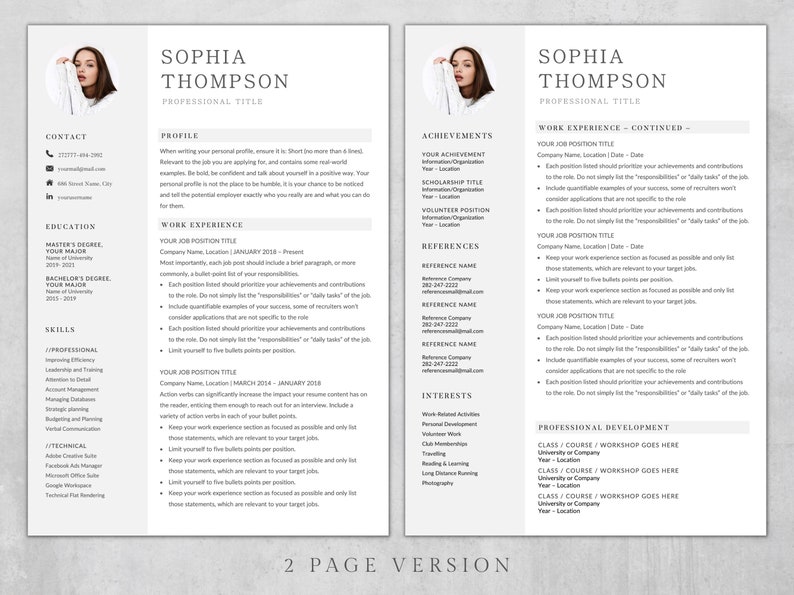 Puede incluir: Una plantilla de curr&iacute;culum de dos p&aacute;ginas con un dise&ntilde;o profesional. El curr&iacute;culum incluye secciones para informaci&oacute;n de contacto, educaci&oacute;n, habilidades, experiencia laboral, logros, referencias, intereses y desarrollo profesional. La plantilla est&aacute; dise&ntilde;ada para ayudar a los buscadores de empleo a crear un curr&iacute;culum visualmente atractivo e informativo.
