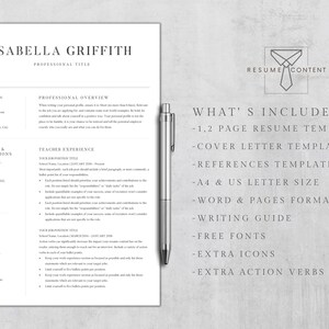 Puede incluir: Una plantilla de curr&iacute;culum vitae en blanco y negro con el t&iacute;tulo "Isabella Griffith" y el texto "T&iacute;tulo profesional" en la parte superior. La plantilla de curr&iacute;culum vitae incluye secciones para educaci&oacute;n y certificaciones, habilidades, descripci&oacute;n general profesional y experiencia docente. El lado derecho de la p&aacute;gina incluye una lista de lo que se incluye en el paquete de curr&iacute;culum vitae, como una plantilla de carta de presentaci&oacute;n, una plantilla de referencias y una gu&iacute;a de escritura.