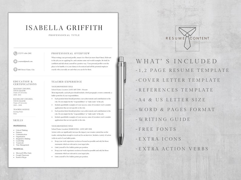 Puede incluir: Una plantilla de curr&iacute;culum vitae en blanco y negro con el t&iacute;tulo "Isabella Griffith" y el texto "T&iacute;tulo profesional" en la parte superior. La plantilla de curr&iacute;culum vitae incluye secciones para educaci&oacute;n y certificaciones, habilidades, descripci&oacute;n general profesional y experiencia docente. El lado derecho de la p&aacute;gina incluye una lista de lo que se incluye en el paquete de curr&iacute;culum vitae, como una plantilla de carta de presentaci&oacute;n, una plantilla de referencias y una gu&iacute;a de escritura.