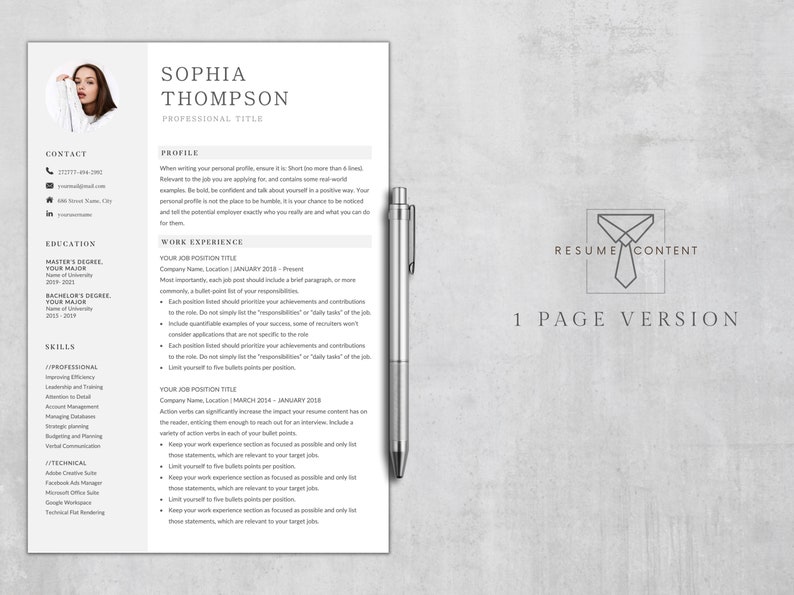 Puede incluir: Una plantilla de curr&iacute;culum en blanco y negro con una foto profesional de una mujer en la esquina superior izquierda. El curr&iacute;culum incluye informaci&oacute;n de contacto, educaci&oacute;n, habilidades y experiencia laboral. El texto "RESUME CONTENT" est&aacute; en un cuadro con un icono de corbata y el texto "1 PAGE VERSION" debajo.