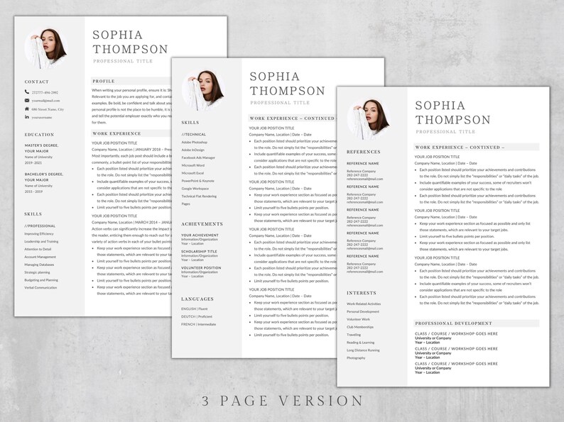 Puede incluir: Una plantilla de curr&iacute;culum de tres p&aacute;ginas con un dise&ntilde;o profesional. El curr&iacute;culum incluye secciones para informaci&oacute;n de contacto, educaci&oacute;n, habilidades, experiencia laboral, logros, idiomas, referencias, intereses y desarrollo profesional. La plantilla presenta una est&eacute;tica moderna y minimalista con un fondo gris y texto blanco.