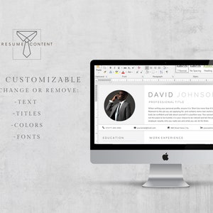 Puede incluir: Una pantalla de ordenador que muestra una plantilla de curr&iacute;culum personalizable con un esquema de color blanco y negro. La plantilla incluye una foto de perfil, informaci&oacute;n de contacto, secciones de educaci&oacute;n y experiencia laboral. El texto en la pantalla dice "DAVID JOHNSON T&Iacute;TULO PROFESIONAL".