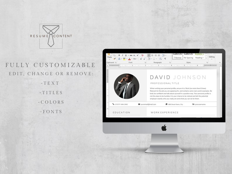 Puede incluir: Una pantalla de ordenador que muestra una plantilla de curr&iacute;culum personalizable con un esquema de color blanco y negro. La plantilla incluye una foto de perfil, informaci&oacute;n de contacto, secciones de educaci&oacute;n y experiencia laboral. El texto en la pantalla dice "DAVID JOHNSON T&Iacute;TULO PROFESIONAL".