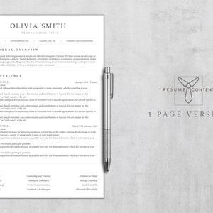 May include: A black and white resume template with the title "Olivia Smith" and the text "Professional Title" at the top. The resume includes a professional overview, work experience, and skills sections. The resume is designed for a one-page format.