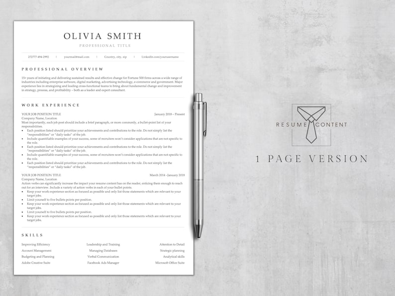 May include: A black and white resume template with the title "Olivia Smith" and the text "Professional Title" at the top. The resume includes a professional overview, work experience, and skills sections. The resume is designed for a one-page format.