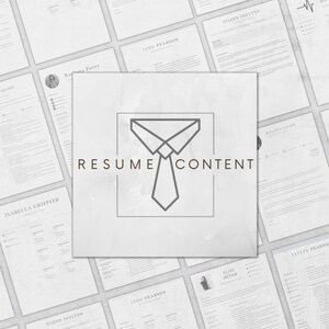 Puede incluir: Una colecci&oacute;n de plantillas de curr&iacute;culum con un esquema de color gris y blanco. El texto "RESUME CONTENT" se muestra en un cuadro gris con un icono de corbata.