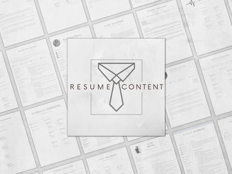 Puede incluir: Una colecci&oacute;n de plantillas de curr&iacute;culum con un esquema de color gris y blanco. El texto "RESUME CONTENT" se muestra en un cuadro gris con un icono de corbata.