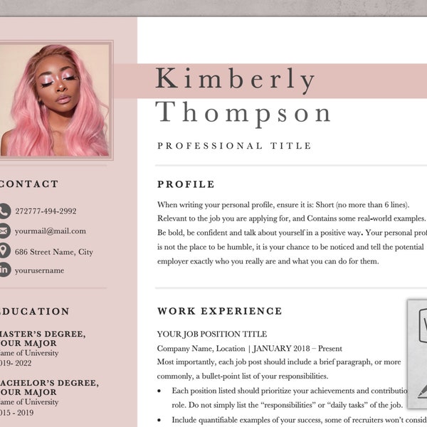 2024 Resume Templates | Pink Resume Girl Template | Resume Template for Word | Apple Pages Resume Template | Creative Resume 2024 | 3 Pages