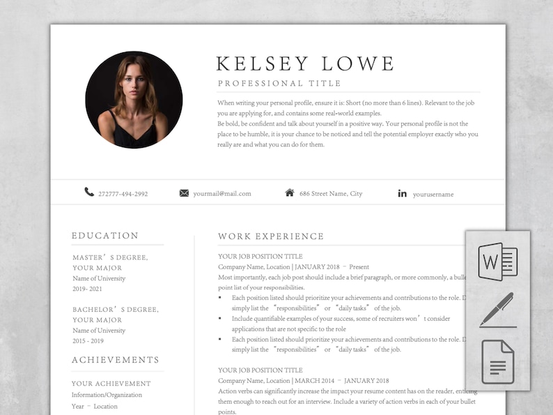 May include: A resume template with a professional headshot, contact information, education, work experience, and achievements sections. The template is designed to help job seekers create a visually appealing and informative resume.