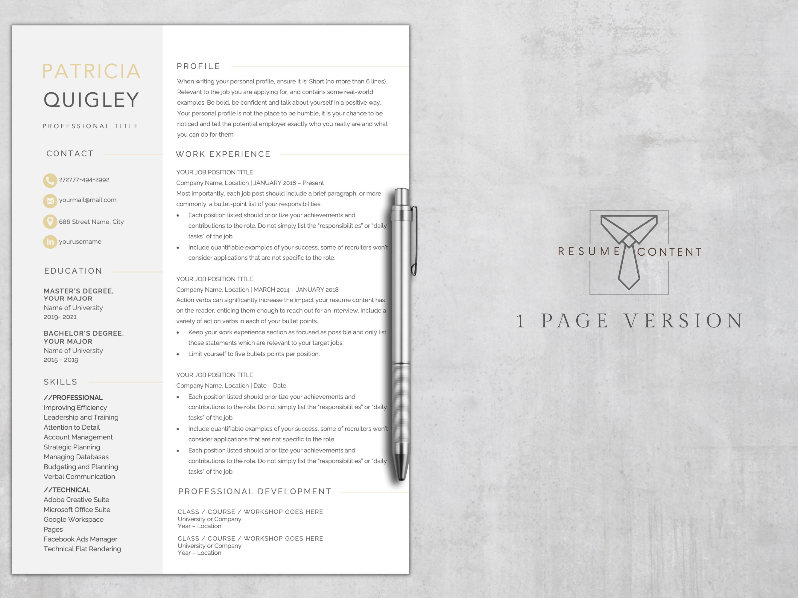 Golden Resume Template for Microsoft Word: 3 Page CV + Cover