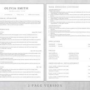 May include: A two-page resume template with a professional design. The resume includes sections for professional overview, work experience, education, skills, and professional development. The template is formatted with clear headings and bullet points.