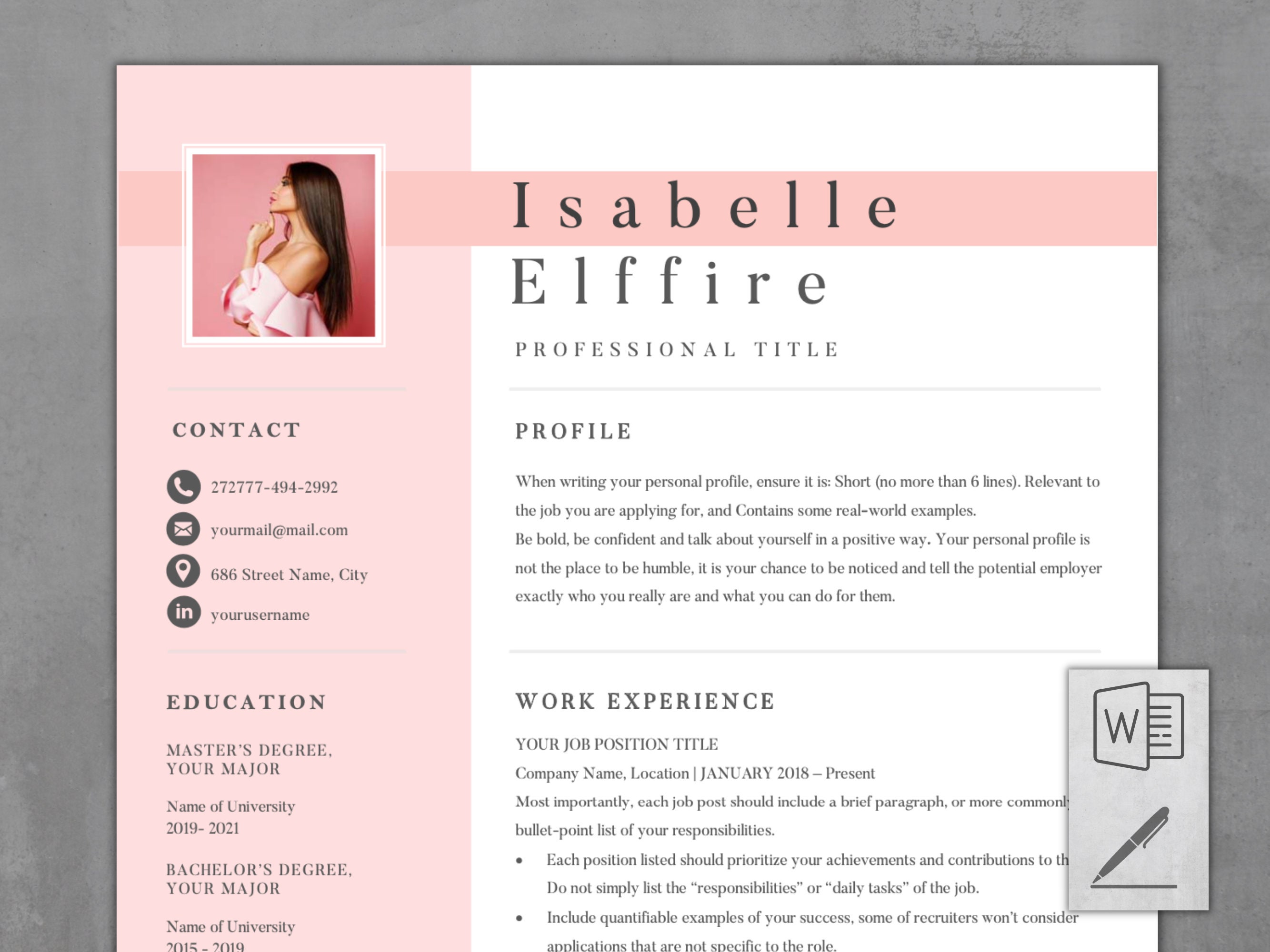 Pink Resume Template Word And Pages Resume Template Girl Etsy
