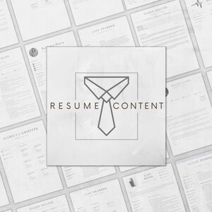May include: A collection of resume templates with a gray and white color scheme. The text "RESUME CONTENT" is displayed in a gray box with a tie icon.
