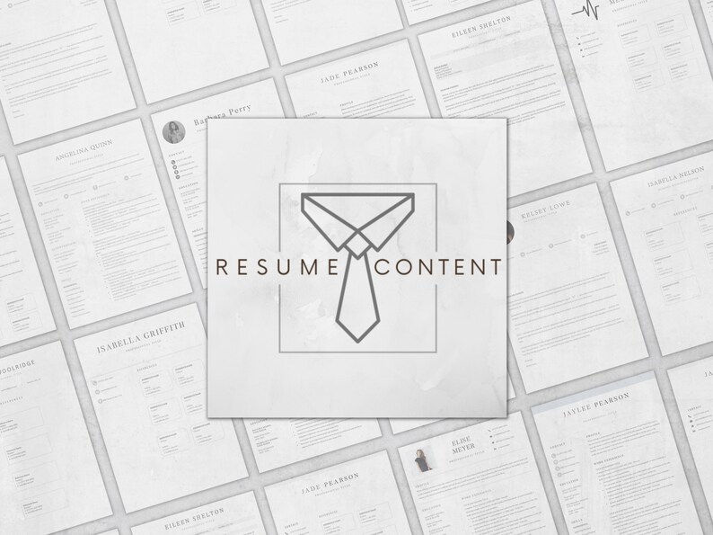 May include: A collection of resume templates with a gray and white color scheme. The text "RESUME CONTENT" is displayed in a gray box with a tie icon.