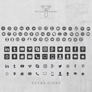 May include: A collection of social media icons, including LinkedIn, Twitter, Facebook, Google+, Pinterest, Instagram, YouTube, Vimeo, and more.  The icons are arranged in a grid pattern on a gray background.  The text "EXTRA ICONS" is at the bottom of the image.