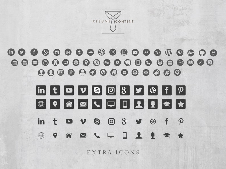 May include: A collection of social media icons, including LinkedIn, Twitter, Facebook, Google+, Pinterest, Instagram, YouTube, Vimeo, and more.  The icons are arranged in a grid pattern on a gray background.  The text "EXTRA ICONS" is at the bottom of the image.