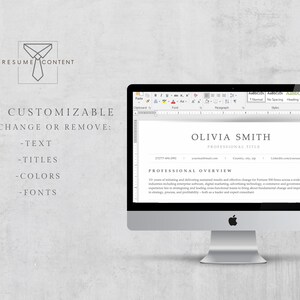 May include: A computer screen displaying a resume template with the text "Olivia Smith" and "Professional Title" at the top. The text "FULLY CUSTOMIZABLE EDIT, CHANGE OR REMOVE: -TEXT -TITLES -COLORS -FONTS" is displayed on the left side of the image.
