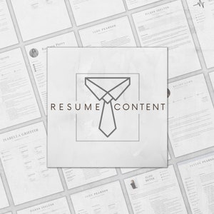 May include: A collection of CV templates with a grey background and a black and white tie icon with the text "RESUME CONTENT".