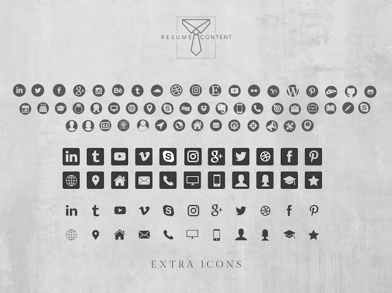 May include: A collection of social media and website icons, including LinkedIn, Twitter, Facebook, Instagram, YouTube, Pinterest, and more. The icons are in black and white and are arranged in a grid pattern. The text "RESUME CONTENT" and "EXTRA ICONS" are also included in the image.