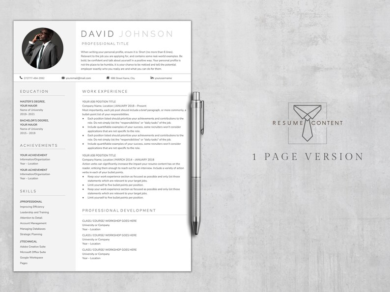 Puede incluir: Una plantilla de curr&iacute;culum en blanco y negro con el t&iacute;tulo "DAVID JOHNSON" y el encabezado "PROFESSIONAL TITLE". El curr&iacute;culum incluye secciones para educaci&oacute;n, experiencia laboral, logros, habilidades y desarrollo profesional.