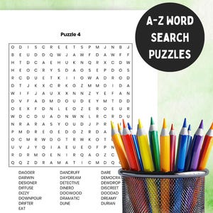 May include: A black and white word search puzzle with the title "A-Z Word Search Puzzles" and the words "Puzzle 4" at the top. The puzzle is filled with letters and the words to find are listed below the puzzle. A set of coloured pencils are in a metal pencil holder.