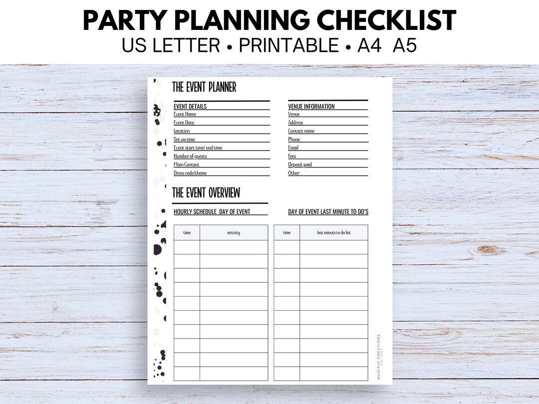 Party Planning Checklist | Printable Event Organizer | Birthday ...