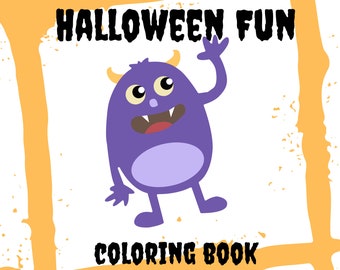 May include: A Halloween-themed coloring book cover with a cartoon purple monster waving. The text "HALLOWEEN FUN" is at the top, and "COLORING BOOK" is at the bottom. The website address is at the bottom.