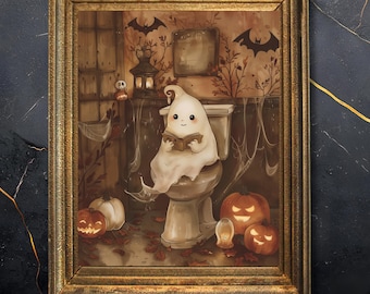 Cottagecore Ghost Reading Book: Vintage Halloween Art (Digital Download)
