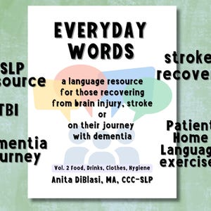 Può includere: Copertina di libro bianca con il titolo "EVERYDAY WORDS" in grassetto nero. È una risorsa linguistica per il recupero da lesioni cerebrali, ictus o per chi convive con la demenza. Include "SLP resource" e "TBI".
