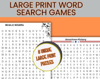 May include: A promotional image for large print word search games. The image features two sample puzzles, one on birds and wildlife and the other on American history. The image also includes a graphic that says "8 Unique Large Print Puzzles."