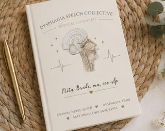 May include: A cream-colored notebook featuring the text DYSPHAGIA SPEECH COLLECTIVE, MEDICAL SLP SOCIETY, Nita Brake, ma, ccc-slp, CRANIAL NERVE QUEEN, DYSPHAGIA TEAM, and SAFE SWALLOWS SAVE LIVES, with a central anatomical brain illustration and a gold pen.