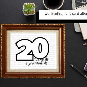 Cartão de aposentadoria do 20º ano, placas alternativas de aposentadoria para funcionários, quadro de mensagens comemorando 20 anos de serviço, aposentadoria corporativa digital de 20 anos